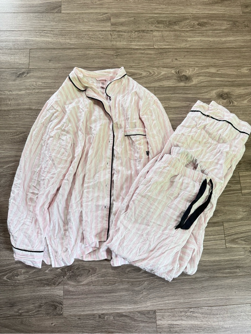 Victoria's Secret Pink and Black Trim Striped Pajama Set
